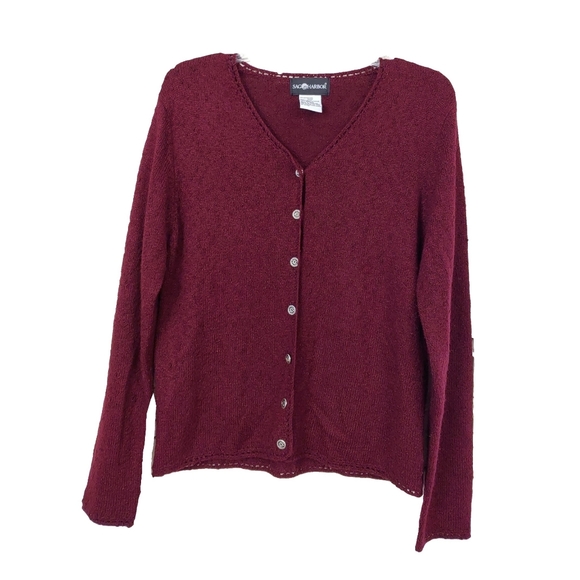 SAG HARBOR WM S BURGUNDY V NECK BUTTON CARDIGAN - Picture 3 of 6